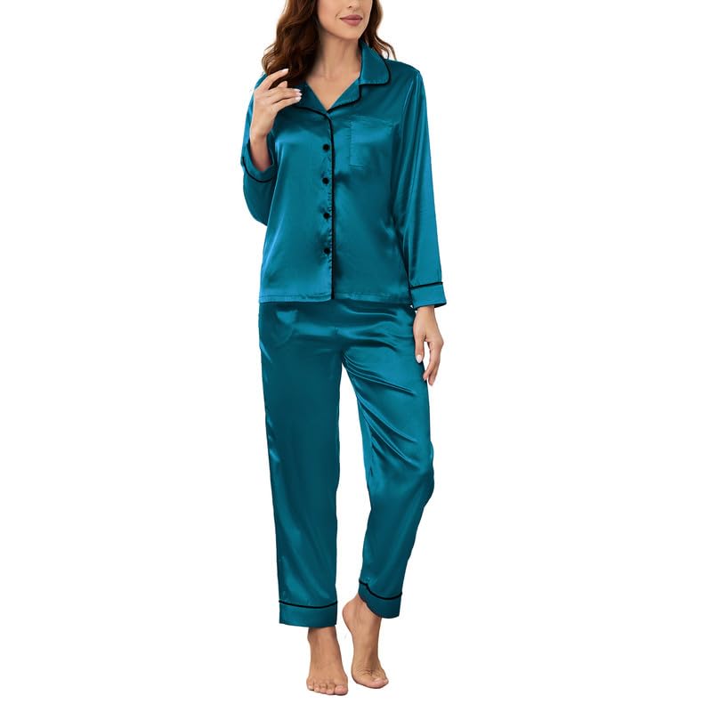 U2SKIIN Pijama de seda para mujer, conjunto de dos piezas de satén de manga larga con botones, Azul Verde, Large