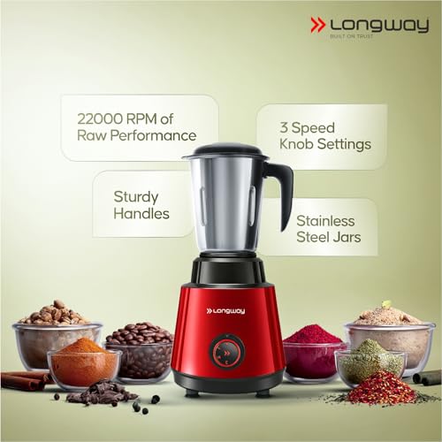 Image of Longway Super Pro Mixer Grinder | 500 Watt Powerful Motor | 3 Jars for Grinding, Mixing, Juicing | 2 Years Warranty (Red & Wine)