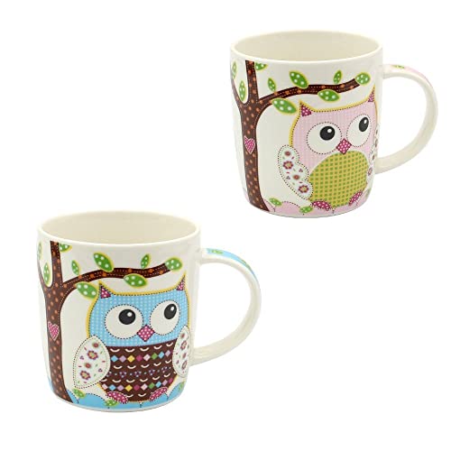 Dekohelden24 Juego de 2 tazas de café de porcelana – Diseño: búhos multicolor en azul – rosa – Tamaño H/Ø: 9,5 x 8,5 cm, capacidad 350 ml, apto para lavavajillas