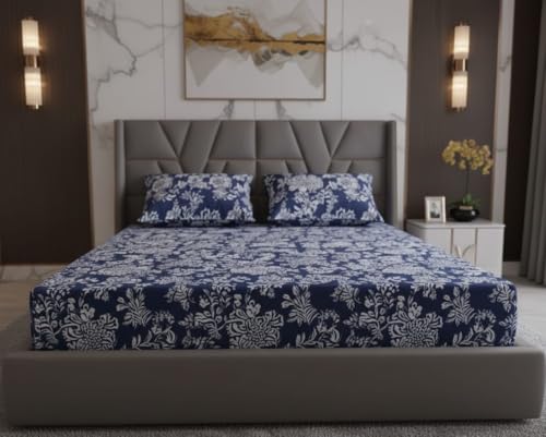 Image of 400TC Cotton Feel Glace Cotton Fully Elastic Fitted Bedsheet Single Size Bed with 1 Pillow Cover (36 inch x 78 inch inches, Aarchid Blue)