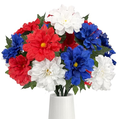 Image of 20 Heads Artificial Flower Patriotic Memorial Bouquet 13 inch Red White and Blue Flowers with Mums Hydrangea 4th of July Flowers for Cemetery Table Centerpiece Memorial Day Home Decor(No Vase)