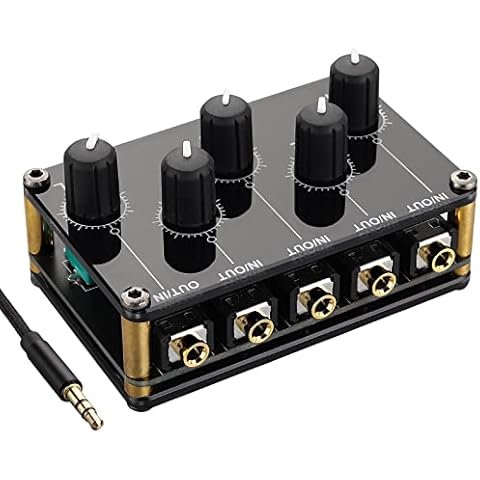 PROZOR 4 Channel Stereo Audio Mixer Bi-Directional 3.5mm Mini Passive Stereo Audio Splitter with Separate Volume Controls Aux Input Output for Mixing Instrument CD Player Cover