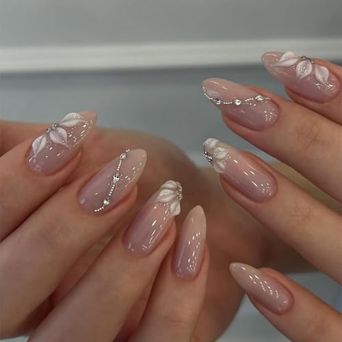 Press on Nails Medium Almond - Handcrafted 3D White Flower & Silv...