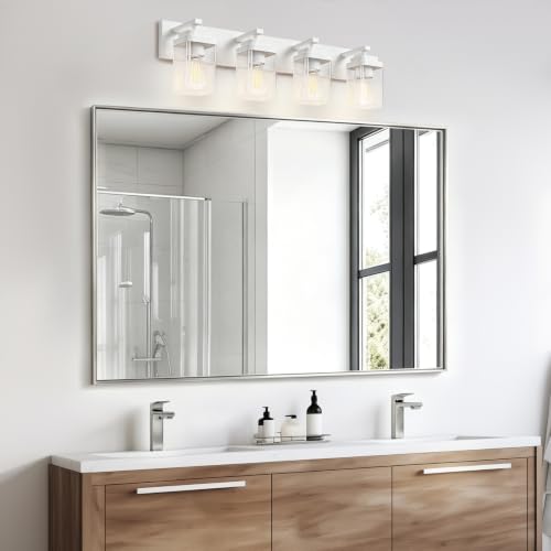 Image of White Bathroom Light Fixtures, 4 Lights Bathroom Lighting Fixtures Over Mirror, Square Design & Rectangle Large Backplate, Modern Vanity Lighting Fixtures, for Bathroom /Living Room /Bedroom