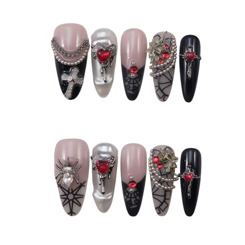 WZHAOJUN Handmade Gothic Punk Press On Nails Long Oval - Black & Pink Gradient Fake Nails With 3d Red Heart Cross Spider Pearl Chain Rhinestone Acrylic False Nails For Party Halloween