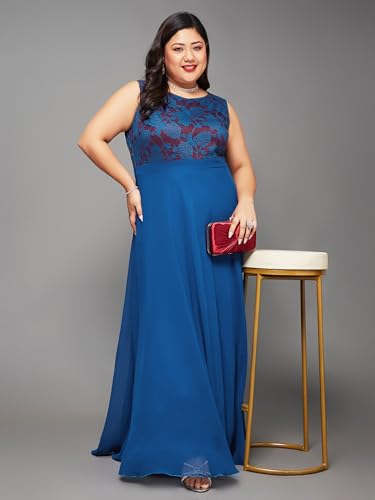 Image of Miss Chase A+ Women's Round Neck Sleeveless Georgette Floral Lace Fit & Flare Maxi Dress