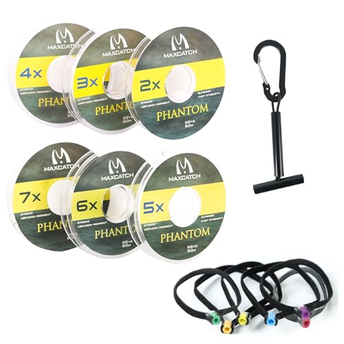 M MAXIMUMCATCH Maxcatch Fly Fishing Leader Tippet Material with Tippet Line Holder & Tender, Clear, 55Yds, 4PCS/6PCS (6 Pieces with Holder/50M, 2X+3X+4X+5X+6X+7X-50M-55Yds)
