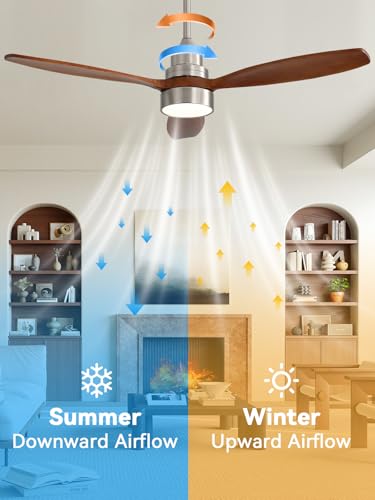 Image of Sofucor 52 inch Solid Wood Ceiling Fan with Light, Quiet 6-Speed 3 Blades Reversible LED Ceiling Fan, Modern Rustic Fan with Dimmable Light for Living Room Bedroom Home Office Cafe Patio Porch