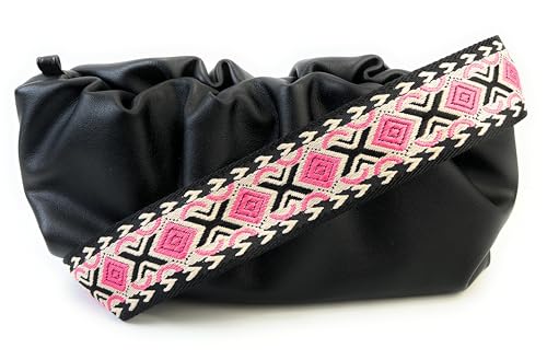 Image of Black Hot Pink Boho Diamond Purse Strap with Silver Hardware 2 Inch Wide Replacement Crossbody Guitar Style Shoulder Strap for Handbags Totes