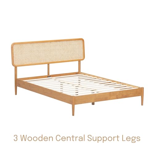 Image of NTC Lupin Wooden Bed Frame with Headboard and Natural Rattan, Solid Oak /Rubber Wood Foundation with Silent Slats, 1000 Lb Capacity, Effortless Assembly (Natural Cane - Rustic Oak, King)