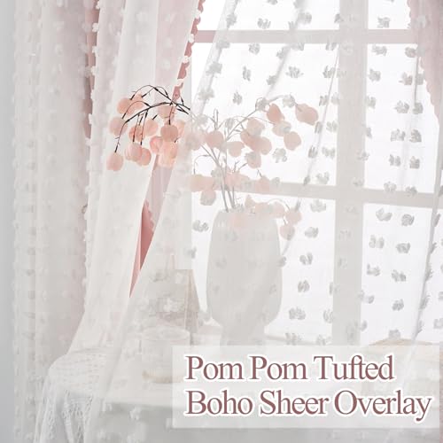 Image of Pink Blackout Pom Pom Sheer Curtain for Girls Bedroom 2 Panels, Double Layered Curtain with White Overlay, Light Blush Baby Toddler Nursery Curtains 63 Inch Length, Cute Boho Window Drapes