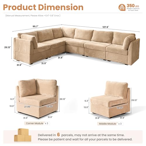 Image of ovios Modular Sectional Sofa Couch with V-Shape Chaise Convertible, Comfy Plush Corduroy Cloud Couches, Modern Luxury Deep Seat Sofas Set for Living Room, 6-Seater, Beige