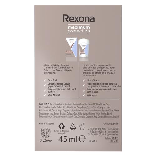 Rexona Women Maximum Protection Anti Transpirant Deo Creme Clean Scent Deodorant mit 96 Stunden Schutz gegen starkes Schwitzen und Geruch mit 3x Schutz bei Stress, Hitze & Bewegung 45 ml