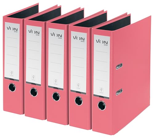 VON Leitz 5er Pack Ordner A4, Karton mit Kunststoffeinband, 80 mm Rückenbreite, Für 600 Blatt, FSC-zertifizierter Karton, Aktenordner, Für Schule, Studium & Zuhause, Pink, 10551021