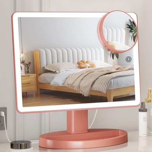 Espejo de Maquillaje Grande Iluminado, 3 Modos de iluminación de Color con 88 LED, Pantalla táctil de rotación de 360 ° y Espejo de Maquillaje cosmético de Mesa de Aumento de 10 aumentos (Oro Rosa)