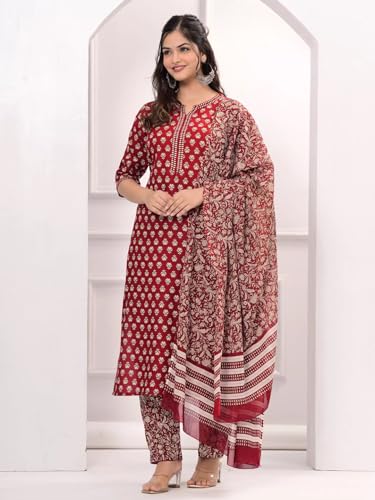 Image of Tee Projekt Women's Cotton Blend Floral Straight Kurta Pant with Dupatta Set ll Mandarin Collar