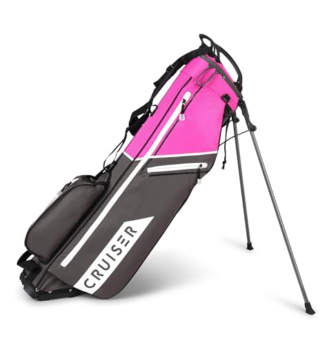 Cruiser Golf CR-Lite 7" Stand Bag | Lightweight, Slim Standbag with Padded Double Shoulder Straps | 4-Way Divider for 10 Clubs | 3 Pockets, Grab Handle, Rain Hood (2.0 Black) (Grey/Pink)