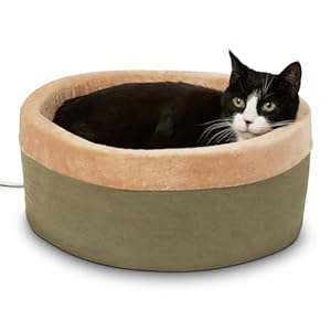 K&H Pet Products Thermo-Kitty Bed Heated Cat Bed for Indoor Cats , Electric Warming Bed for Cats and Small Dogs, Washable Thermal Plush Calming Round Pet Bed – Small 16″ Sage/Tan