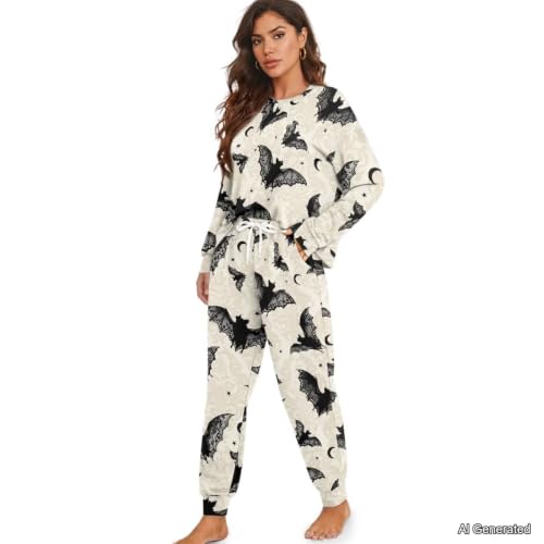 Image of Womens Lounge Set Long Sleeve Soft Pajama Sets | Casual 2 Piece Pj Outfit, Crewneck Sleepwear with Pockets, Adjustable Drawstring, Soft Comfy Fall Pajamas, Plus Size