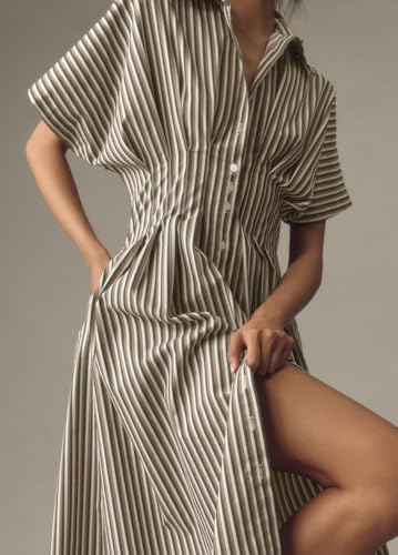 chouyatou Women's Contrast Color Striped Shirt Dress Pleated Button Down Maxi Long Tunic Dress3