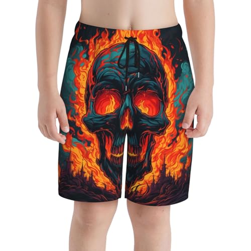 Boys Beach Shorts Quick Dry Swim Trunks Board Surf Summer Teen Kids, Gothic Skull On Fire Flaming3