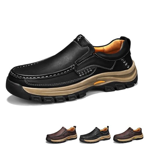 Men's Leather Breathable Handmade Stitching Details Casual Loafers Lightweight Comfortable Round Toe Slip On Non Slip Soft Sole Outdoor Cushioning Shoes Walking Dress Shoes - Main Image