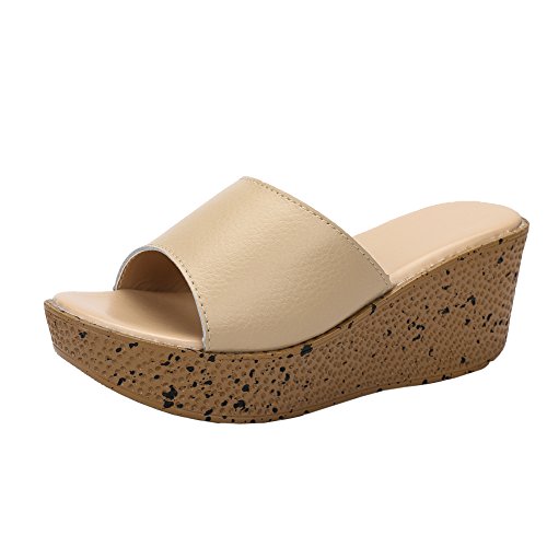 fereshte Women's Leather Open Toe Wedges Slide Platform Sandals Beige 37 - US 6.5
