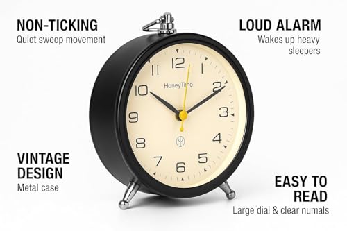 Image of JASIFS Honeytime Metal 13-cm-Long Alarm Clock Wall Clock Table Clock for Study Analog Silent Vintage Clock, Alarm Clock for Heavy Sleepers at Home Office Bedroom-Black