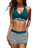 heekpek Bikini para Mujer Traje de Baño con Cintura Alta Pantalones Cortos Bañador de Dos Piezas Push Up Sujetador Deportivo en V Conjunto de Bikini para Verano，Grigio-BLU，XL