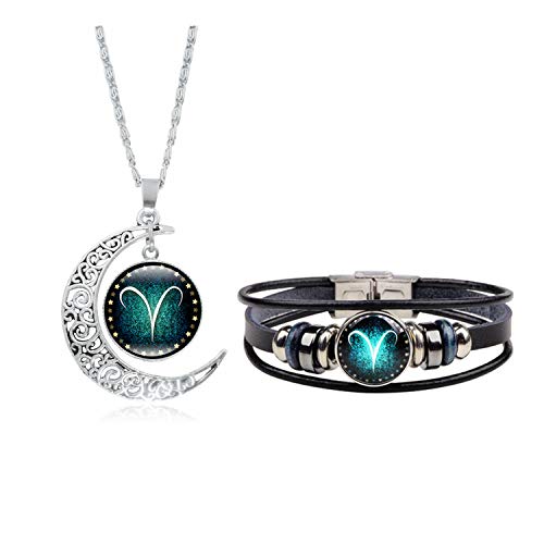Dcfywl731 Aries Zodiac Necklace Bracelet Fashion 12 Twelve Constellations Hand Woven Leather Bracelet and Moon Pendant Necklace Zodiac Sign Jewelry Set (Aries(3/21-4/19))
