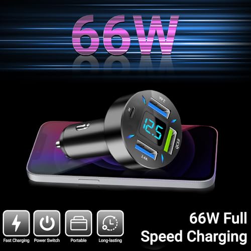 USB C Car Charger RDRKR 66W Cigarette Lighter USB Charger 4-Port Car Charger, QC 3.0, PD, 2.4 A Cigarette Lighter Adapter Compatible with Android/iPhone and Tablets Devices