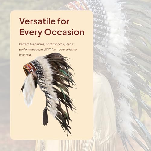 KiBcsLic Indian Chief Feather Headdress for Women Men Headpiece for Dance Roles Halloween Dress Up Indian Costume Headdress - Thumbnail 6
