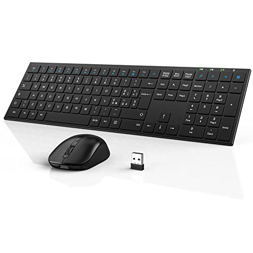 Tastiera e Mouse Wireless Italiano, QCen 2.4 GHz Mouse e Tastiera Wireless Sottile, Mouse Senza Fili Silenziosi Fino a 1600 DPI, 18 Tasti Multimediali e di Scelta Rapida, Compatibile con PC, Laptop