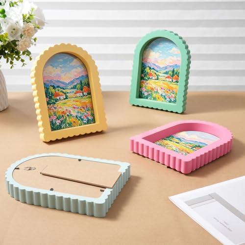 Image of Rainmae 4 Pack Colorful Scalloped Picture Frames 5 x 7 Inch Cute Arched Picture Frames for Desktop Display Photo Frame Wood Home Decor Wedding Graduation Gifts(Pink, Green, Yellow, Blue)