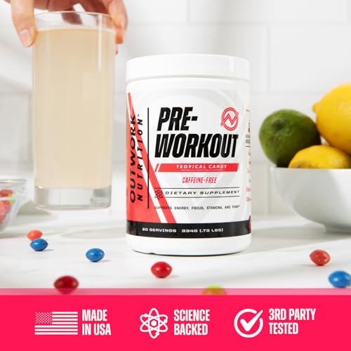 Image of Outwork Nutrition Non-Stim Pre Workout Powder - Citrulline Malate, Beta-Alanine, Rhodiola Extract for Performance, Focus & Energy Boost - Preworkout for Men, Women (Caffeine Free, Tropical Candy)