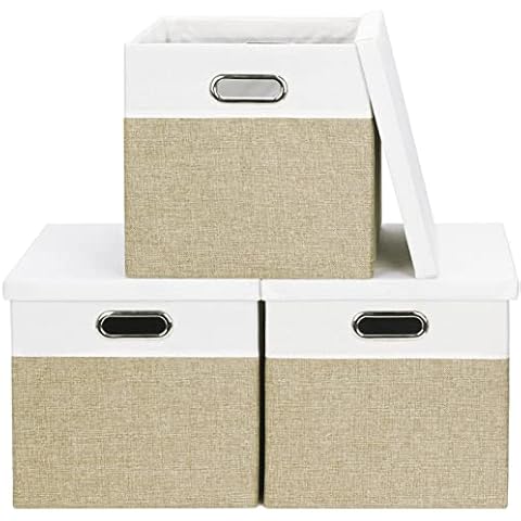 Febzoce Storage Boxes with Lids, Foldable Fabric Storage Baskets for Shelves Stackable Cube Bins Organizer for Closets Home and Office Desert Medium Large 39 x 27 x 25cm 3-Pack Cover