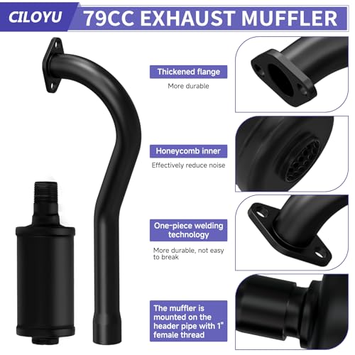 Image of Central Long Mini Bike Exhaust Header Pipe with Muffler Kit Compatible with GMB100 Coleman CT100U 79cc 3HP Engine 154F 3.0HP Predator 98cc GPS Rascal 98 Lite Minibike Parts Black