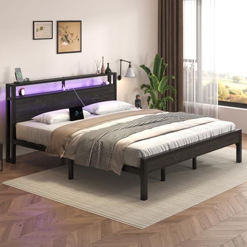 Image of E-Motie King Size Bed Frame with LED Lights, Industrial Platform Bed with Storage Headboard and Charging Station, Heavy Duty Metal Slats, No Box Spring Need, Noise Free, Easy Assembly, Black