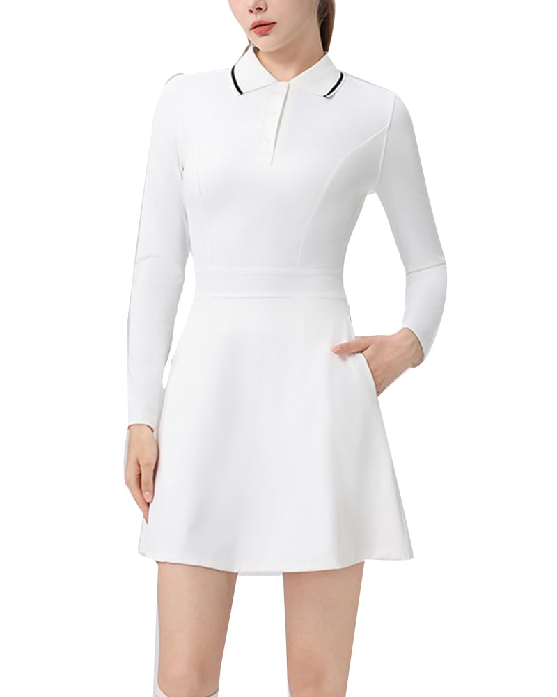 Mujer Mini Vestido de Polo Fluido de Manga Larga Wrap Tenis y Color Liso con Pantalón Corto Interior Minivestido Deportivo para Entrenamiento Golf y Ejercicio