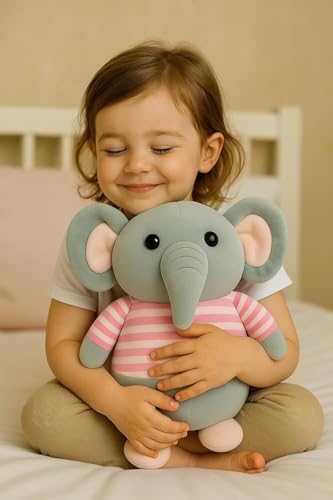 Image of Fun4you Plush Elephant Stuffed Animal Toy with Blue Striped T-Shirt, Soft Toy for Kids, Grey (Pink)