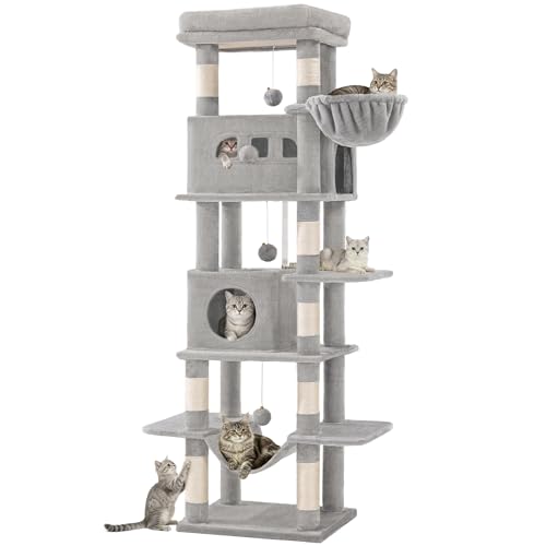 Hzuaneri 210 cm Grand Arbre à Chat, Tour à Chat pour Chats d'intérieur, avec Grand Perchoir, Tapis Lavable, 2 Niches Chats, 8 Griffoirs, Hamac, Pompons, Gris Clair...