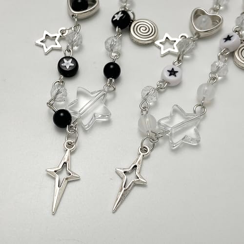 Caiyao Y2K Cool Punk Hollowed Out Pentagram Matching Beaded Bracelet Handmade Guitar Star Pendant Bracelet Aesthetic Imitation Pearl Beads Bracelet for Couples Friends BFF Jewelry Gifts4