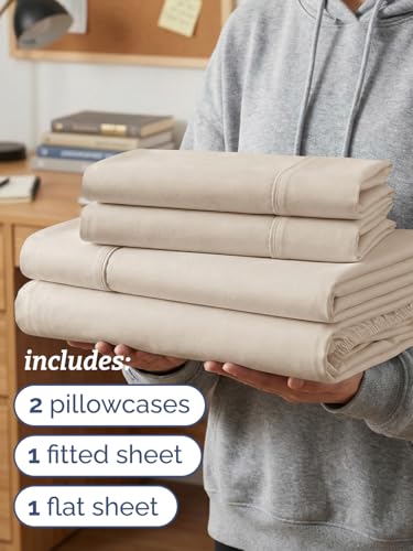 Image of Twin XL 4 Piece Sheet Set - College Dorm Room Essentials - Wheat | Ultra Soft Dorm Bedding Set, 8 inch to 16 inch Inch Deep Pockets, 1 Flat & 1 Fitted Sheet & 2 Pillowcases, Wrinkle & Fade Free