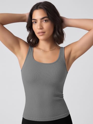 Image of ODODOS 3-Pack Seamless Square Neck Crop Tank for Women Ribbed Knit Soft Low Back Cropped Tops