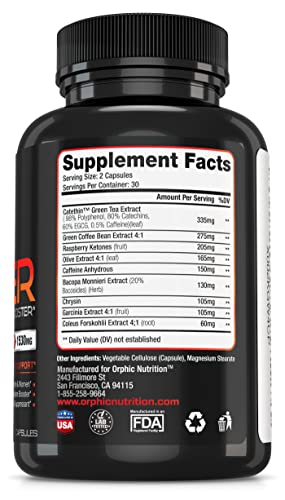 Orphic Nutrition Thermogenic Fat Burner For Women & Men - Premium Supplement Formulated With Green Coffee Leaf, Green Tea Extract, Garcinia Cambogia, Caffeine & Raspberry Ketones - 60 Capsules #TOP6