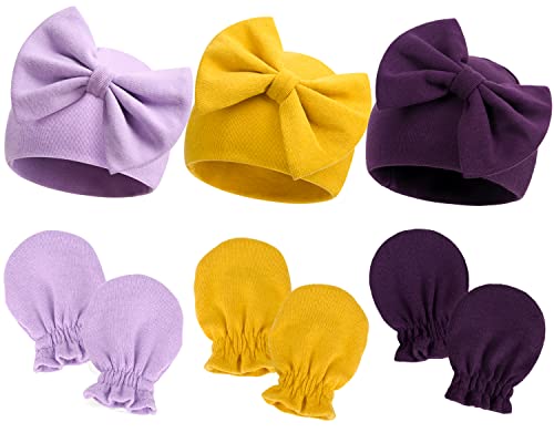 Image of Newborn Hospital Hats Gloves Baby Infant Bow Beanie Cotton Caps No Scratch Hat Mittens Set for 0-6 Months