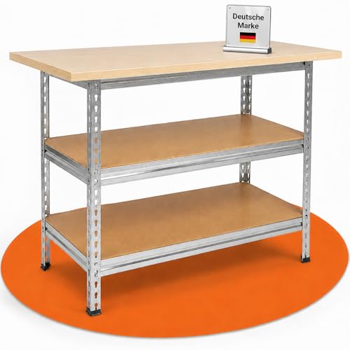 Ondis24 Werkbank Uwe 120cm Metallregal und Werktisch mit höhenverstellbaren Einlegeböden Packtisch...