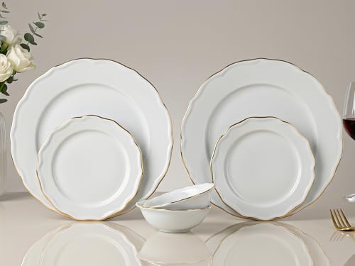 Image of Bodhi House 6-Piece Gold Rim Porcelain Dinner Set | Plates & Bowls Set | Lightweight, Chip Resistant, | Dishwasher Safe | Ideal for Home Dining & Gifting Tableware Set | White