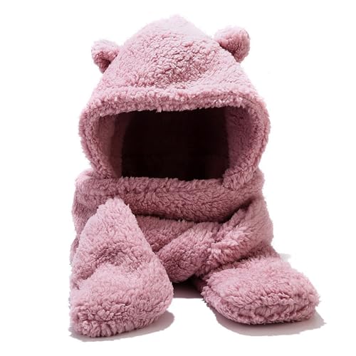 Umeepar Winter Bear Ear Sherpa Hood Hat Scarf Gloves 3 in 1 Hooded Scarf for Women Men (Pink)