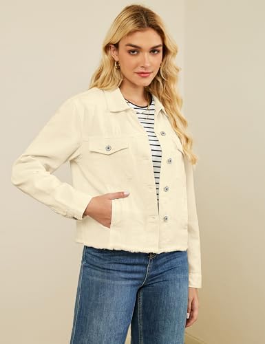 Image of luvamia Denim Jacket for Women Distressed Jean Jackets Button Up Vintage Western Trucker Jacket Frayed Hem Pockets